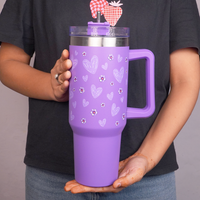 Purple Floral Tumbler with Handle & Straw – Cute Reusable Travel Cup for Everyday Drinks