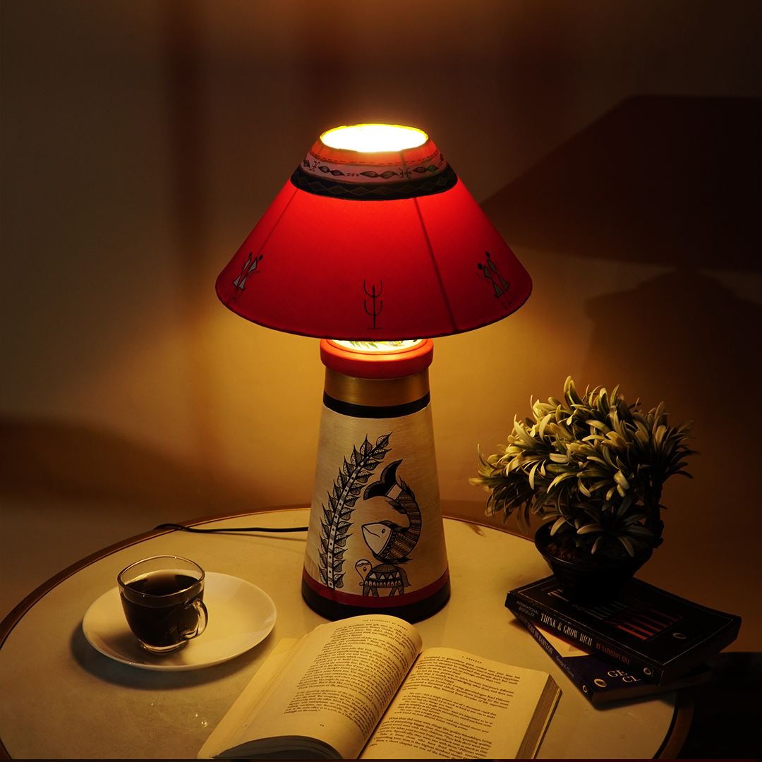 Handcrafted Warli Art Table Lamp – Red & Gold Ethnic Shade