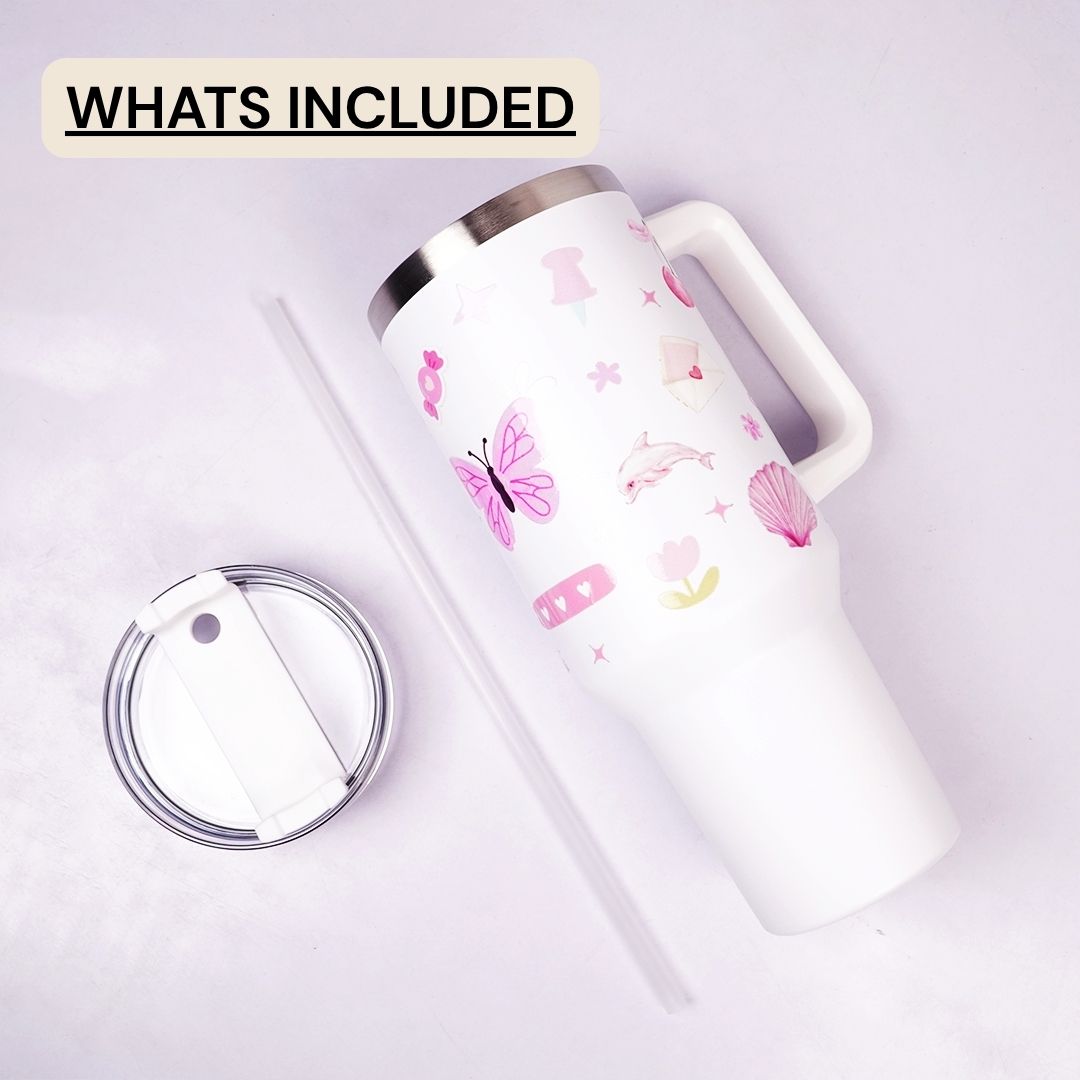 White Pink Cherry Print Tumbler with Straw & Handle – Aesthetic Travel Coffee Cup