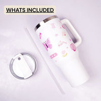 White Pink Cherry Print Tumbler with Straw & Handle – Aesthetic Travel Coffee Cup