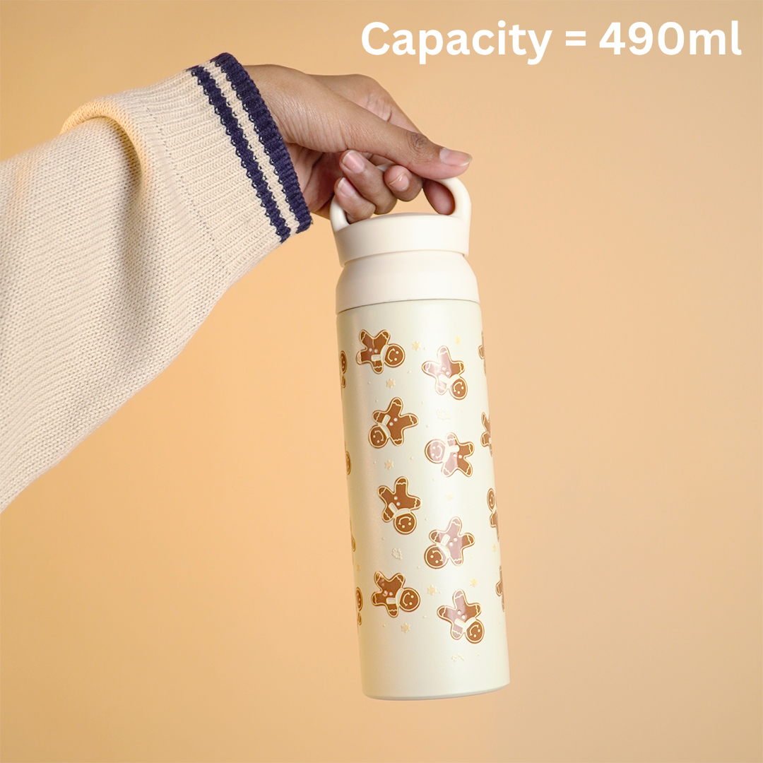 Christmas Gingerbread Vacuum Insulated Tumbler – 490ml Hot & Cold Stainless Steel Bottle with Carry Loop Lid