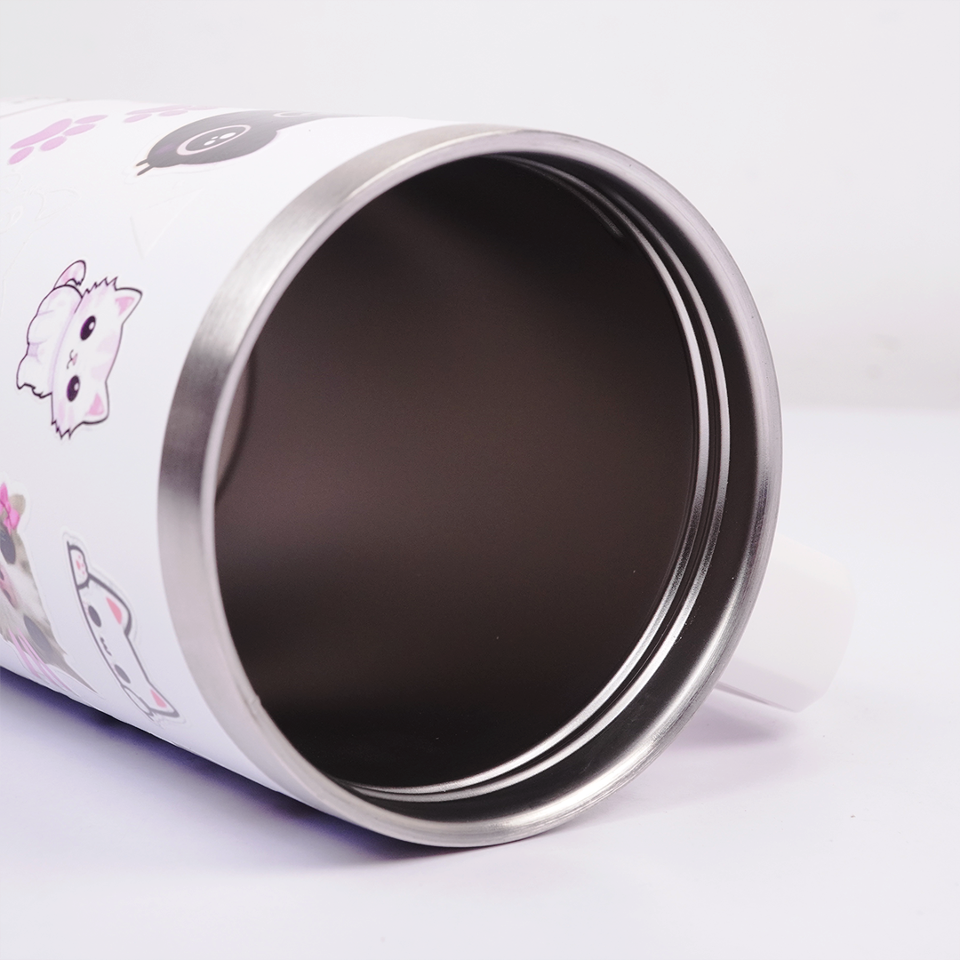 White Cat Print Tumbler with Straw & Handle – Cute Aesthetic Travel Coffee Cup