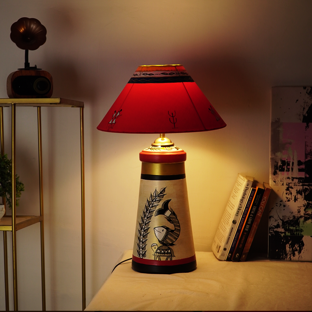 Handcrafted Warli Art Table Lamp – Red & Gold Ethnic Shade
