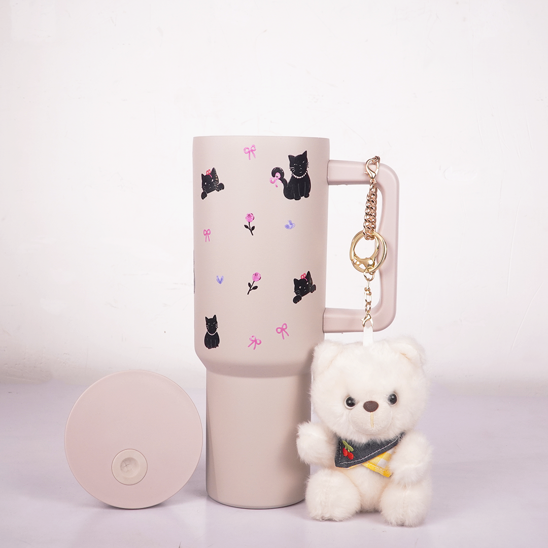 Cute Black Cat Travel Tumbler with Straw & Handle