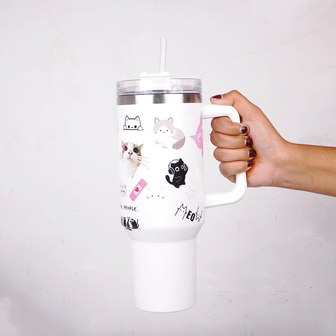 White Cat Print Tumbler with Straw & Handle – Cute Aesthetic Travel Coffee Cup