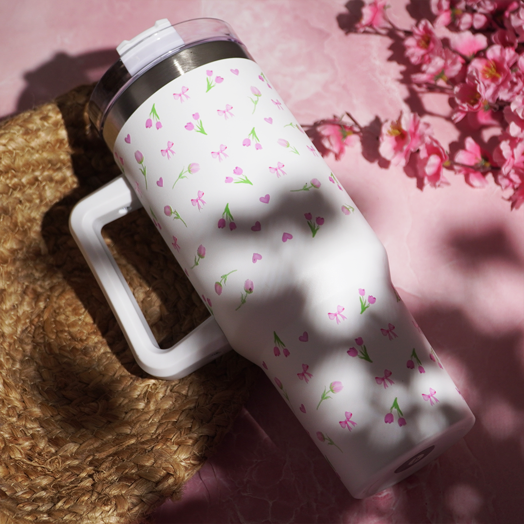 Floral Stainless Steel Insulated Tumbler with Handle & Straw – 1200ml Leakproof Travel Mug | Height 27cm, Width 7cm