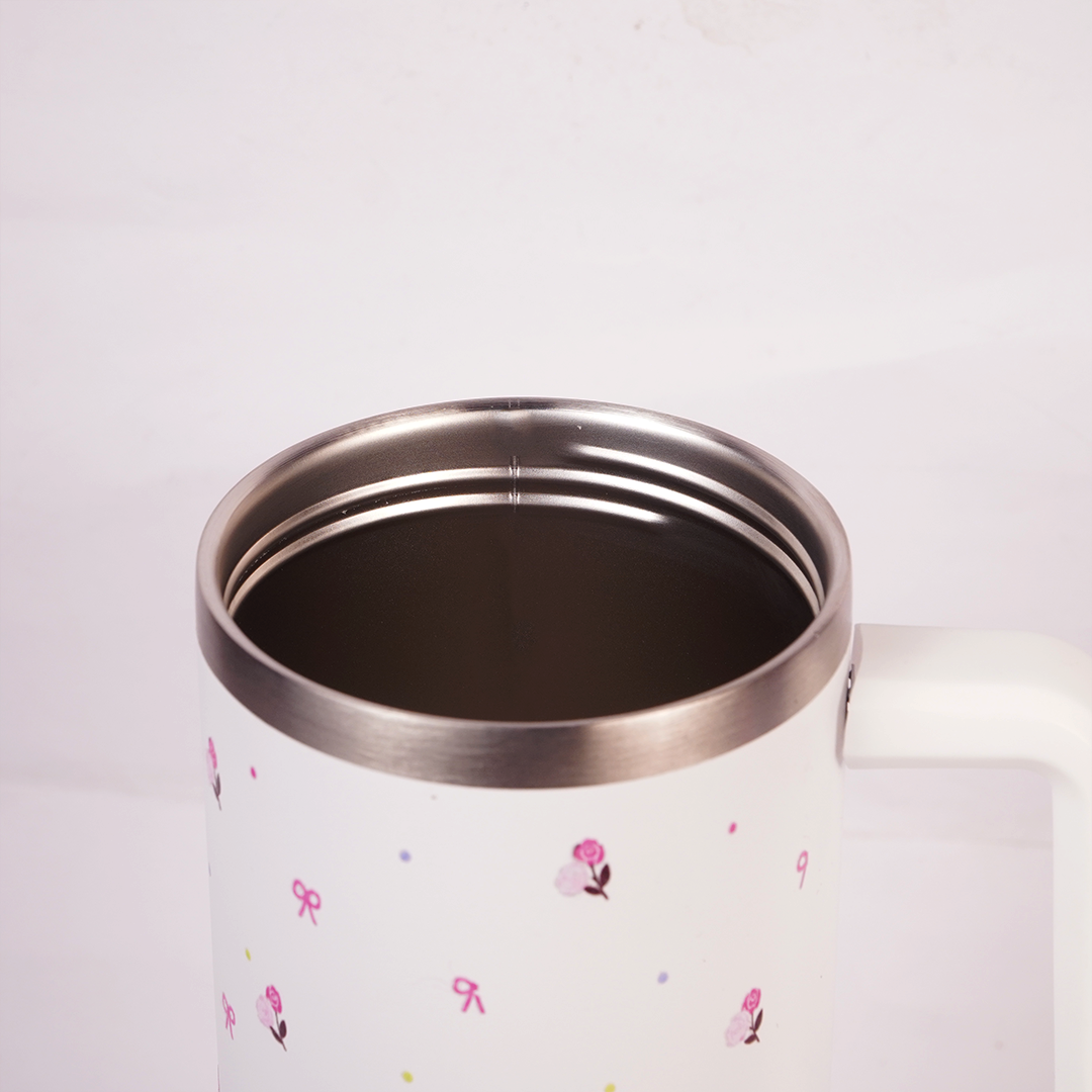 White Flower Tumbler with Handle & Straw – Cute Rose & Bow Design Reusable Travel Cup