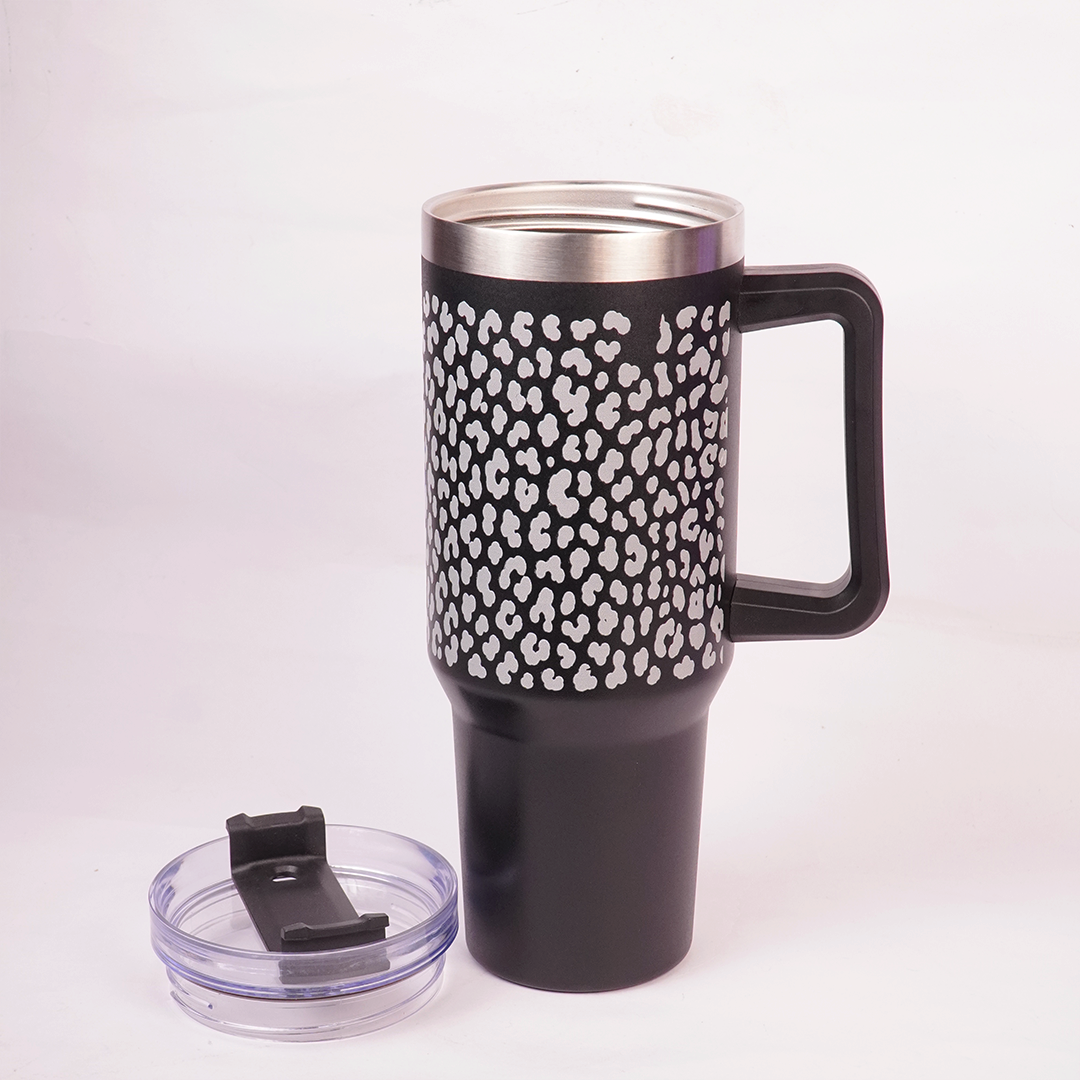 Black Leopard Print Tumbler with Handle & Straw – Stylish Reusable Travel Cup for Women & Girls