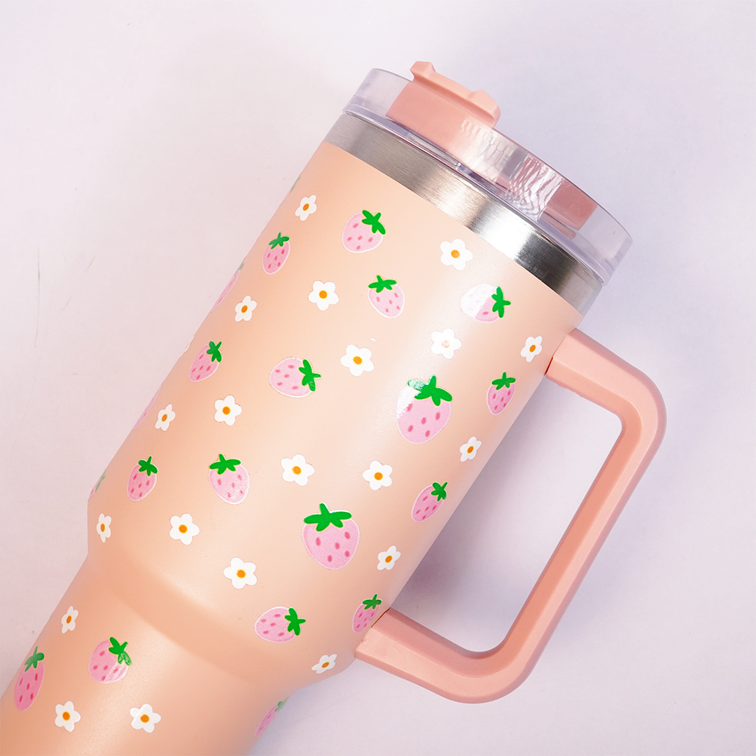 Peach Strawberry Tumbler with Straw & Handle – Cute Pink Fruit Print Travel Tumbler