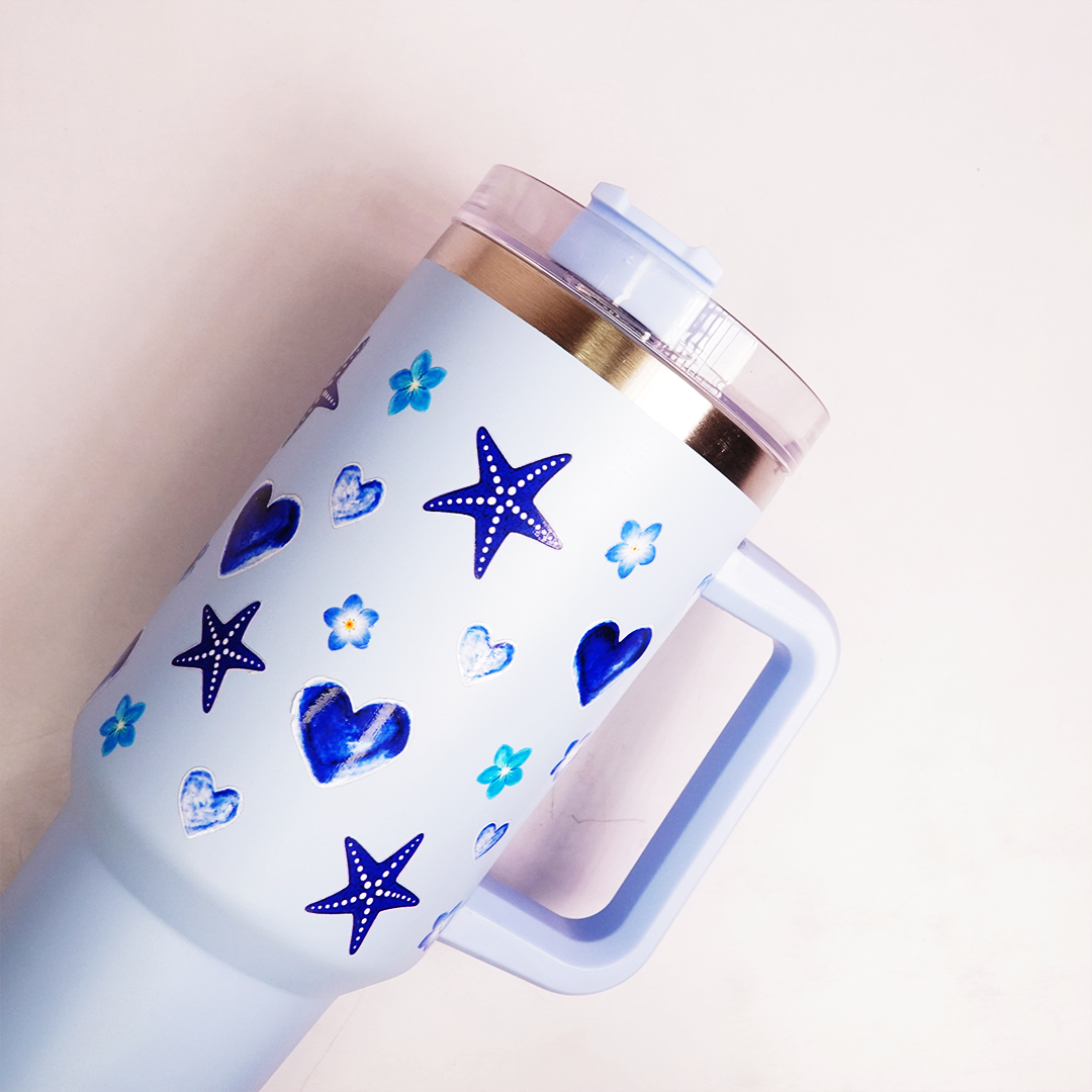 Starfish Print Tumbler with Handle & Straw | Reusable Travel Water Cup | Stylish Drinkware