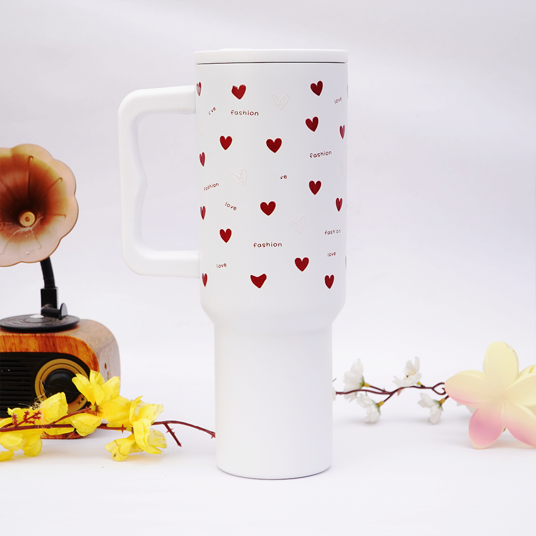 Love Heart Stainless Steel Travel Tumbler with Handle & Leakproof Lid | Double Wall Vacuum Insulated Coffee Mug