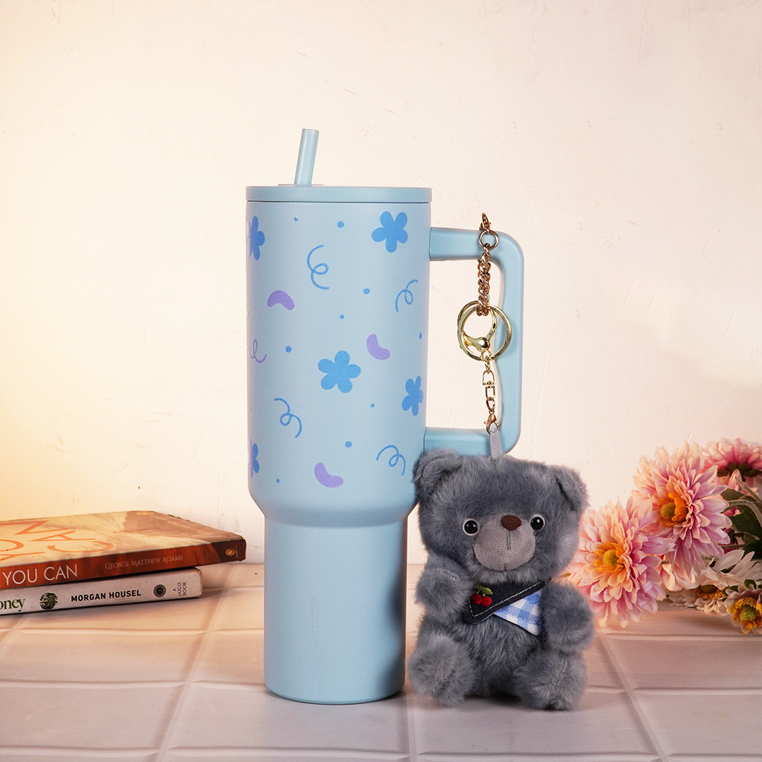 Blue Floral Tumbler with Handle & Straw – Cute Aesthetic Reusable Travel Cup(RANDOM CHARM)