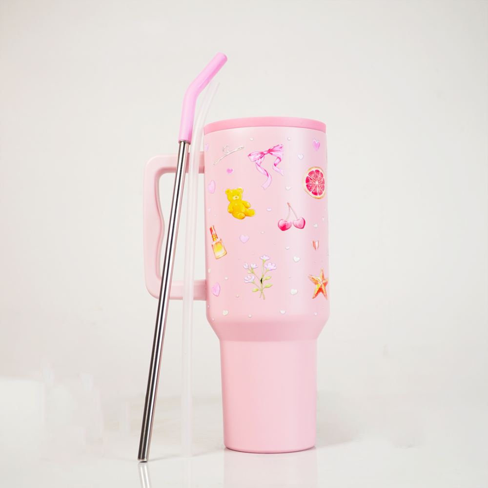 Blush Pop Aesthetic Tumbler with Handle, Straw & Spill-Proof Lid