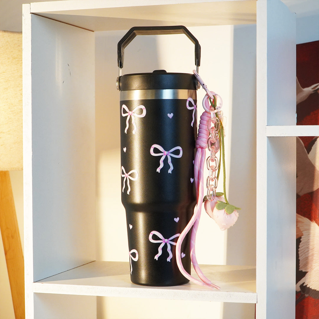 Bow Print Tumbler with Handle & Charm | Reusable Travel Cup | Cute Everyday Drinkware