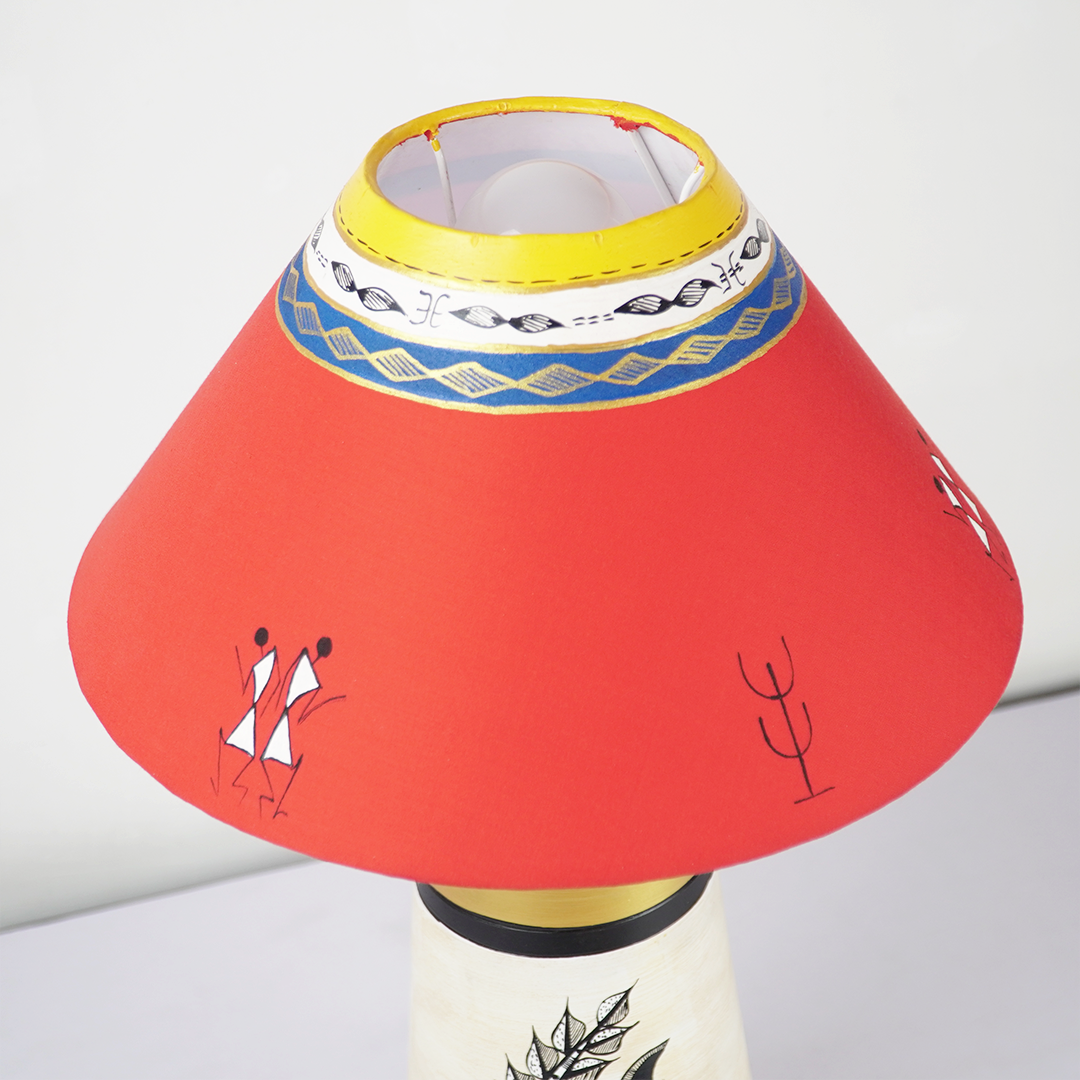 Handcrafted Warli Art Table Lamp – Red & Gold Ethnic Shade