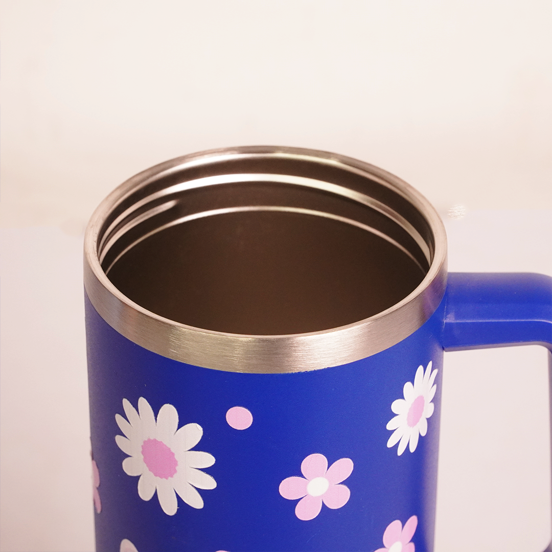 Sun Flower Print Tumbler with Handle & Straw | Reusable Travel Water Cup | Stylish Drinkware