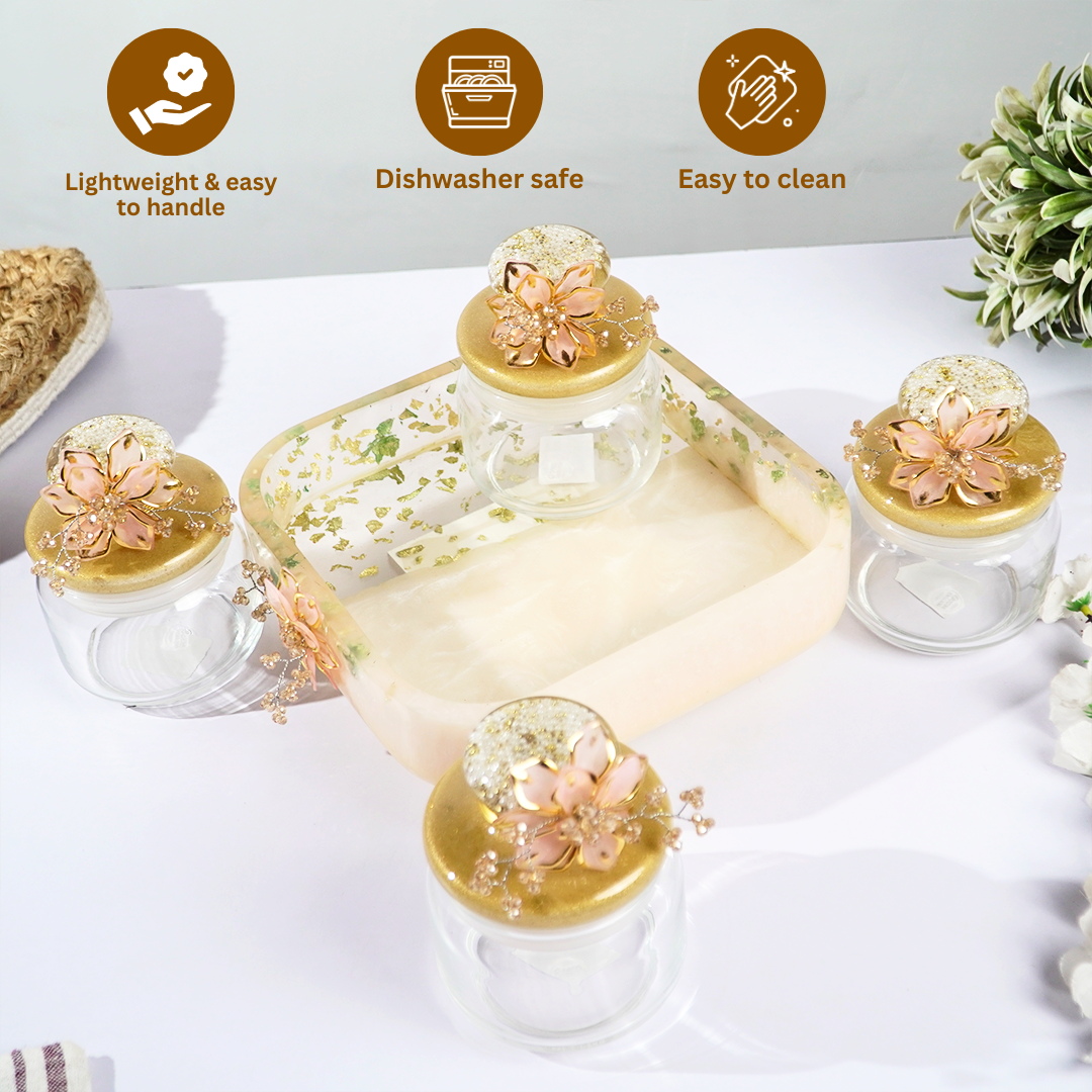 Set-4 Luxury Decorative Storage Jars Set with Pearl & Floral Lid