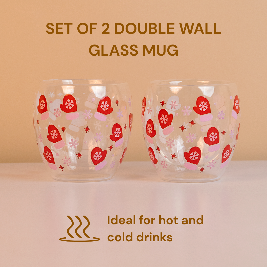 Set-2 Christmas Gloves  -Double Wall Glass Mug
