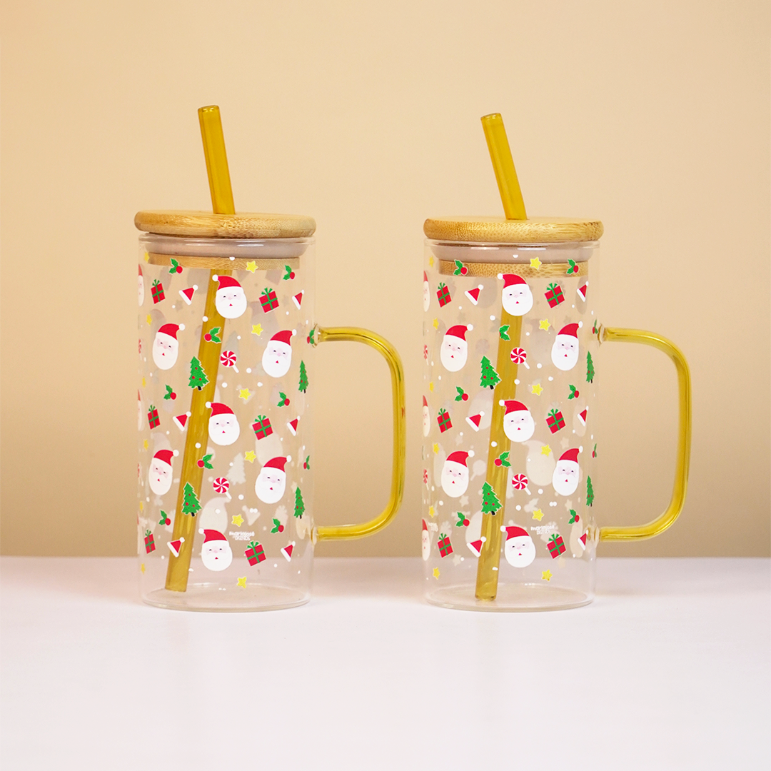 Christmas Santa Glass Tumbler with Handle & Bamboo Lid – Set of 2 | Festive Holiday Design with Straw