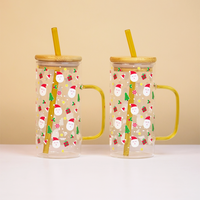 Christmas Santa Glass Tumbler with Handle & Bamboo Lid – Set of 2 | Festive Holiday Design with Straw