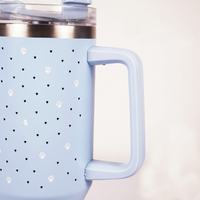 Blue Paw & Heart Print Tumbler – Insulated Travel Tumbler with Handle & Straw