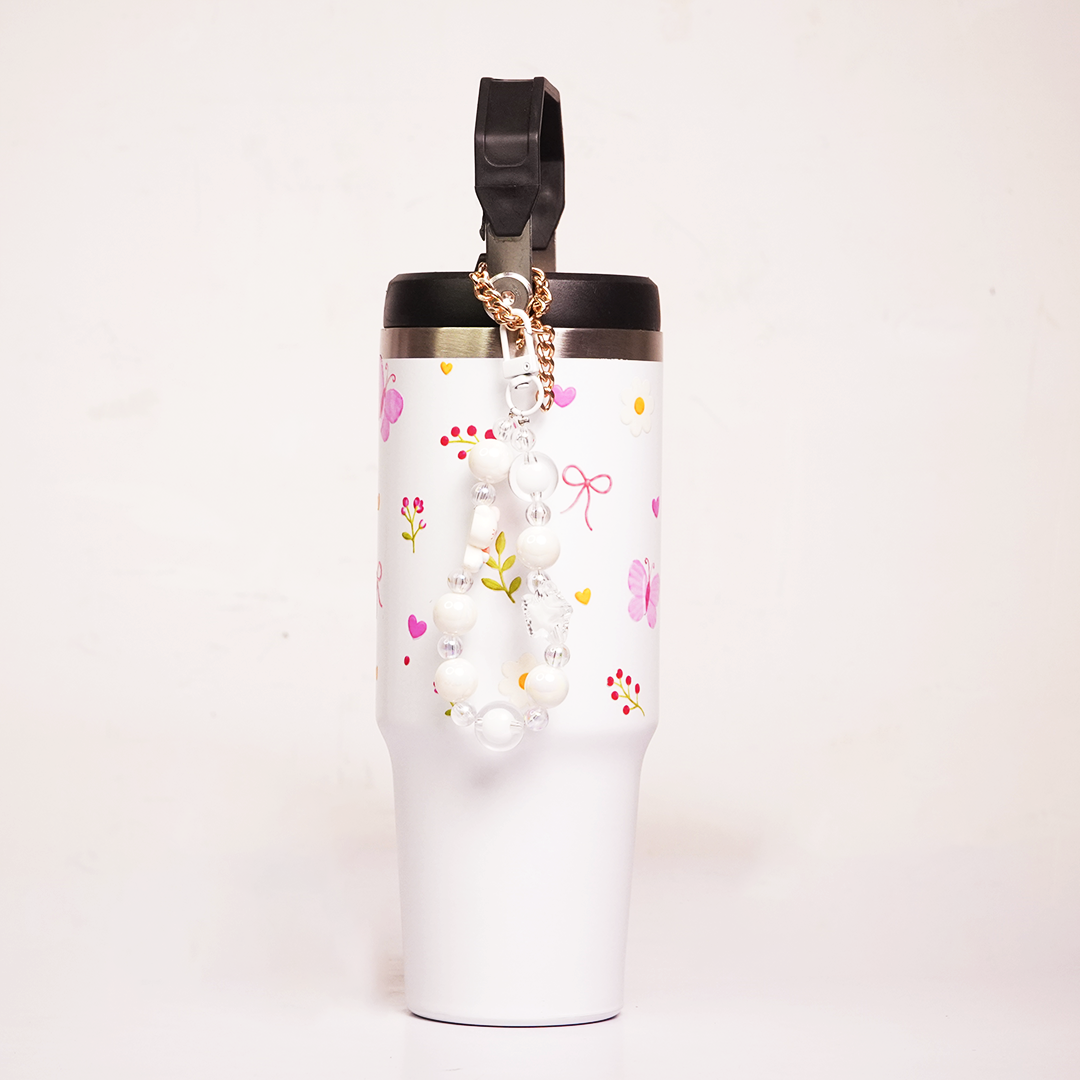 Butterfly & Floral Print Tumbler with Handle & Decorative Bead Charm | Reusable Travel Cup
