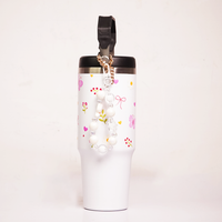 Butterfly & Floral Print Tumbler with Handle & Decorative Bead Charm | Reusable Travel Cup