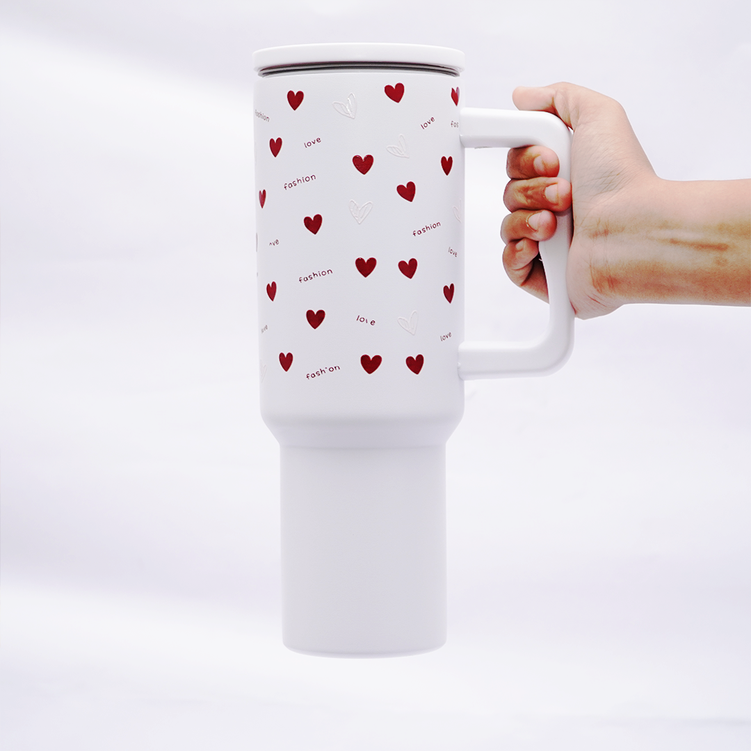 Love Heart Stainless Steel Travel Tumbler with Handle & Leakproof Lid | Double Wall Vacuum Insulated Coffee Mug