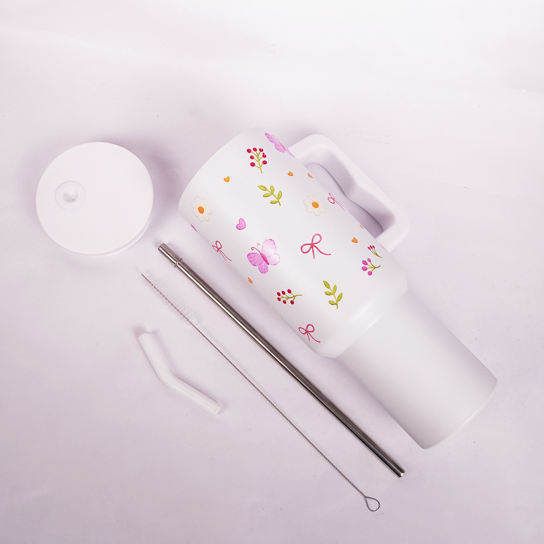 Butterfly, Bow & Floral Print travel  WHITE Tumbler