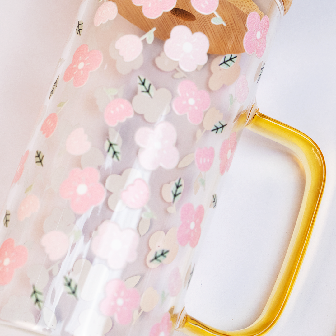 Set of 2 Blossom Glass Tumbler with Bamboo Lid & Straw