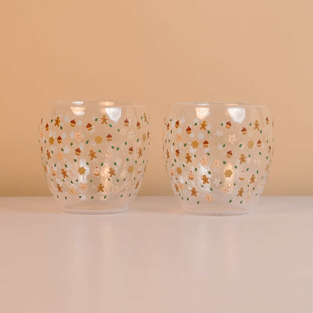 Set-2 Christmas Gingerbread & Stars -Double Wall Glass Mug