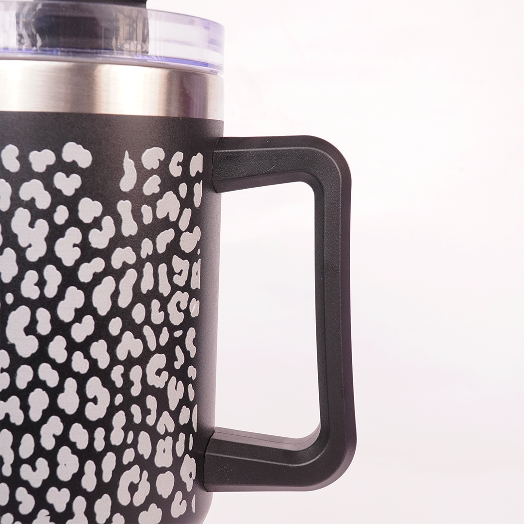 Black Leopard Print Tumbler with Handle & Straw – Stylish Reusable Travel Cup for Women & Girls