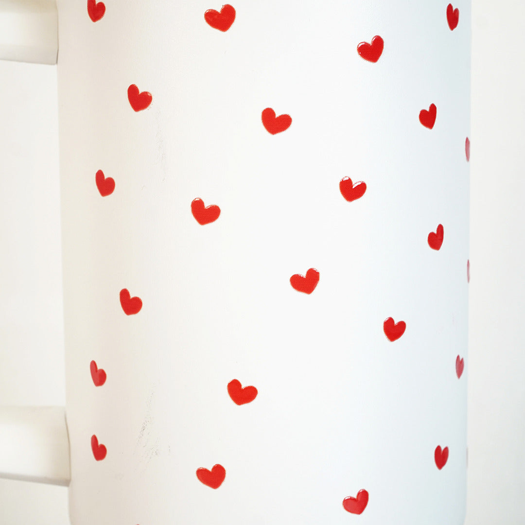 Cute Red Heart Print White Stainless Steel Tumbler with Handle