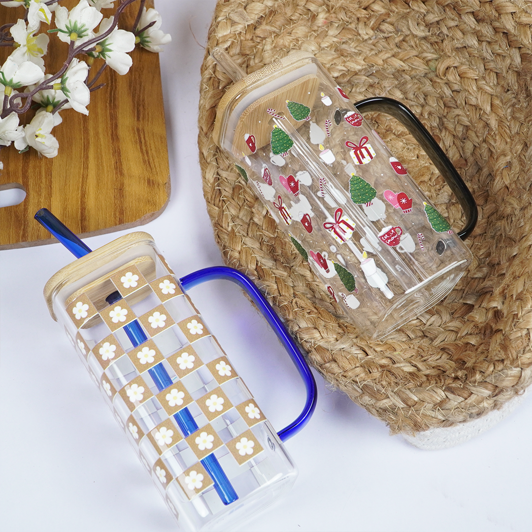 Set-2 Trendy Printed Glass Cup with Bamboo Lid & Straw