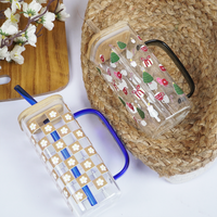 Set-2 Trendy Printed Glass Cup with Bamboo Lid & Straw