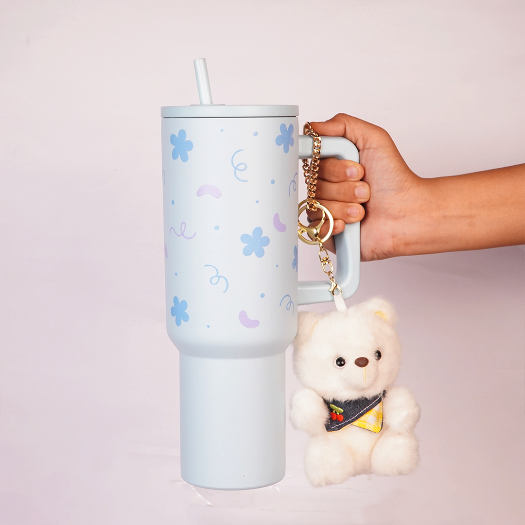 Blue Floral Tumbler with Handle & Straw – Cute Aesthetic Reusable Travel Cup(RANDOM CHARM)