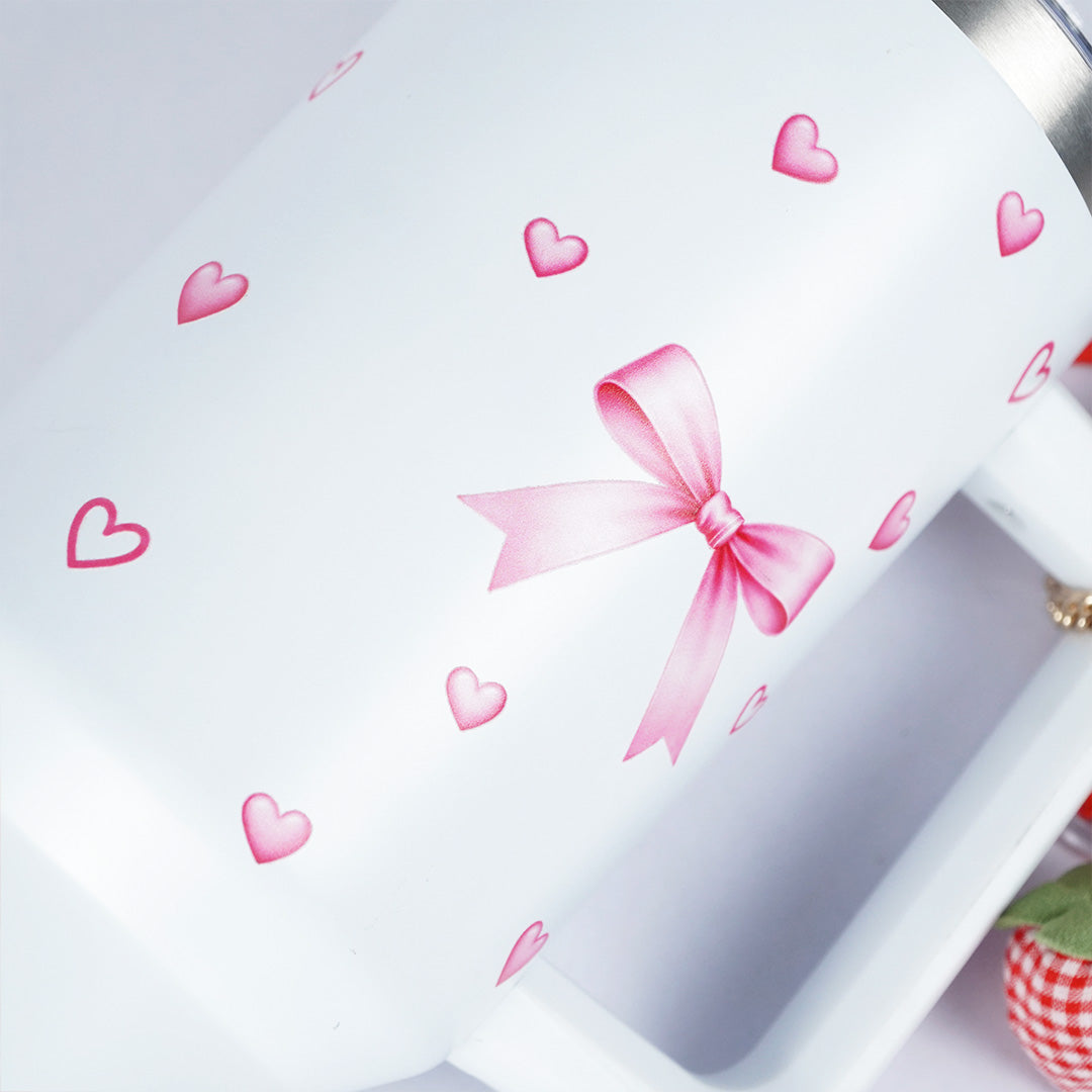 Bow & Heart Print Tumbler with Handle & Charm | Reusable Travel Cup | Cute Everyday Drinkware