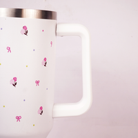 White Flower Tumbler with Handle & Straw – Cute Rose & Bow Design Reusable Travel Cup