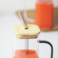 Glass Mug with Bamboo Lid & Reusable Straw | Clear Drinking Glass with Handle for Coffee