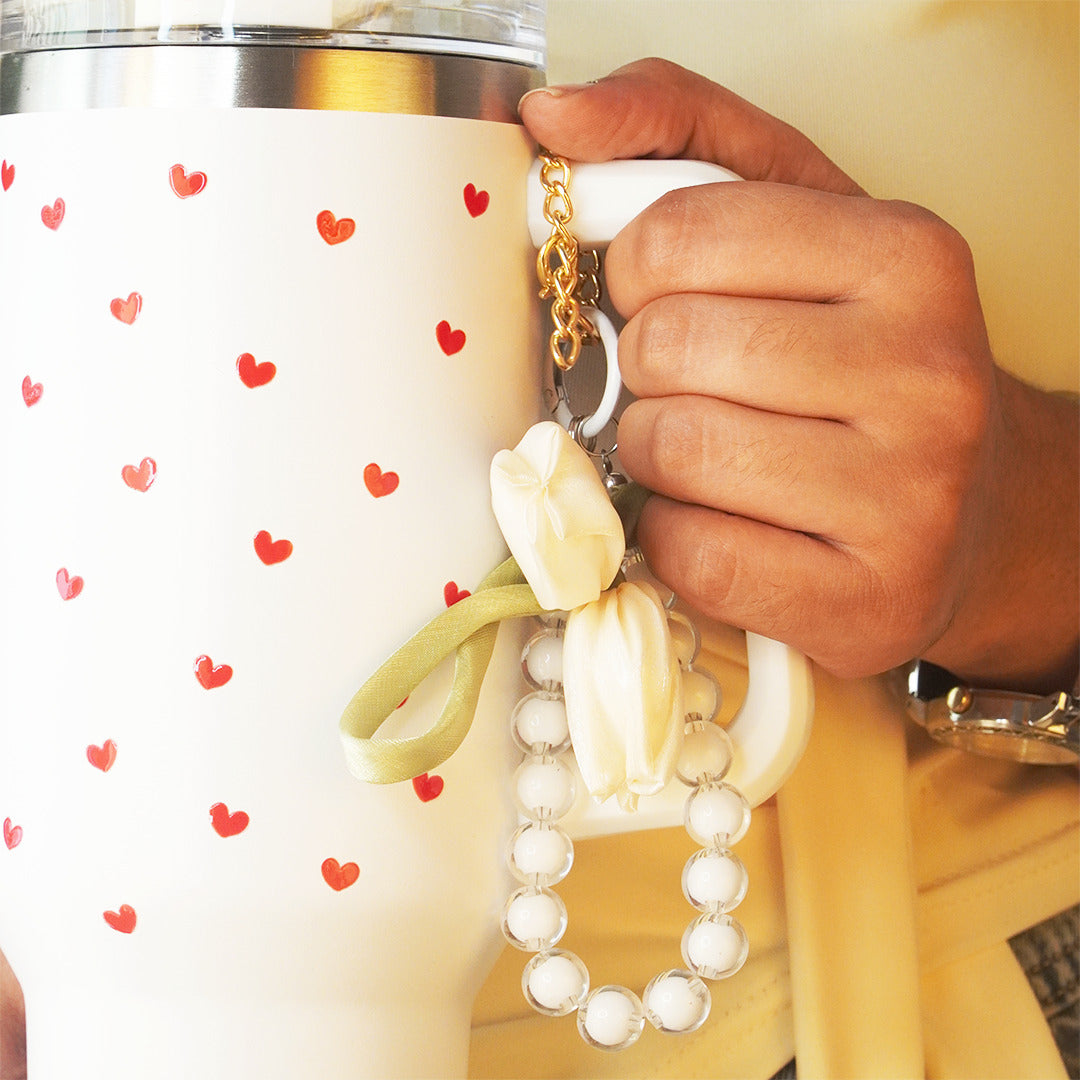 Cute Red Heart Print White Stainless Steel Tumbler with Handle