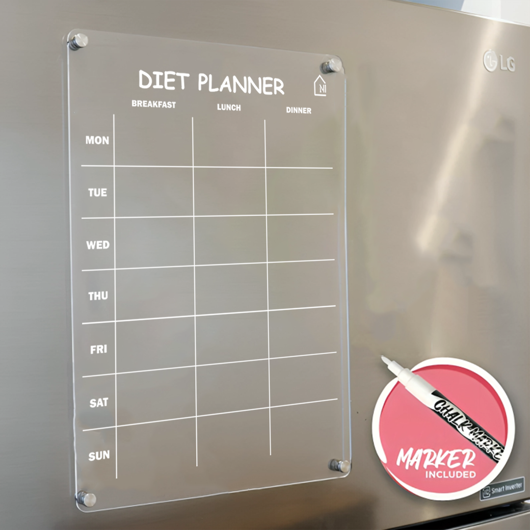 Weekly Diet Acrylic Planner| Magnetic Fridge Board with Marker Set