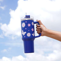 Sun Flower Print Tumbler with Handle & Straw | Reusable Travel Water Cup | Stylish Drinkware