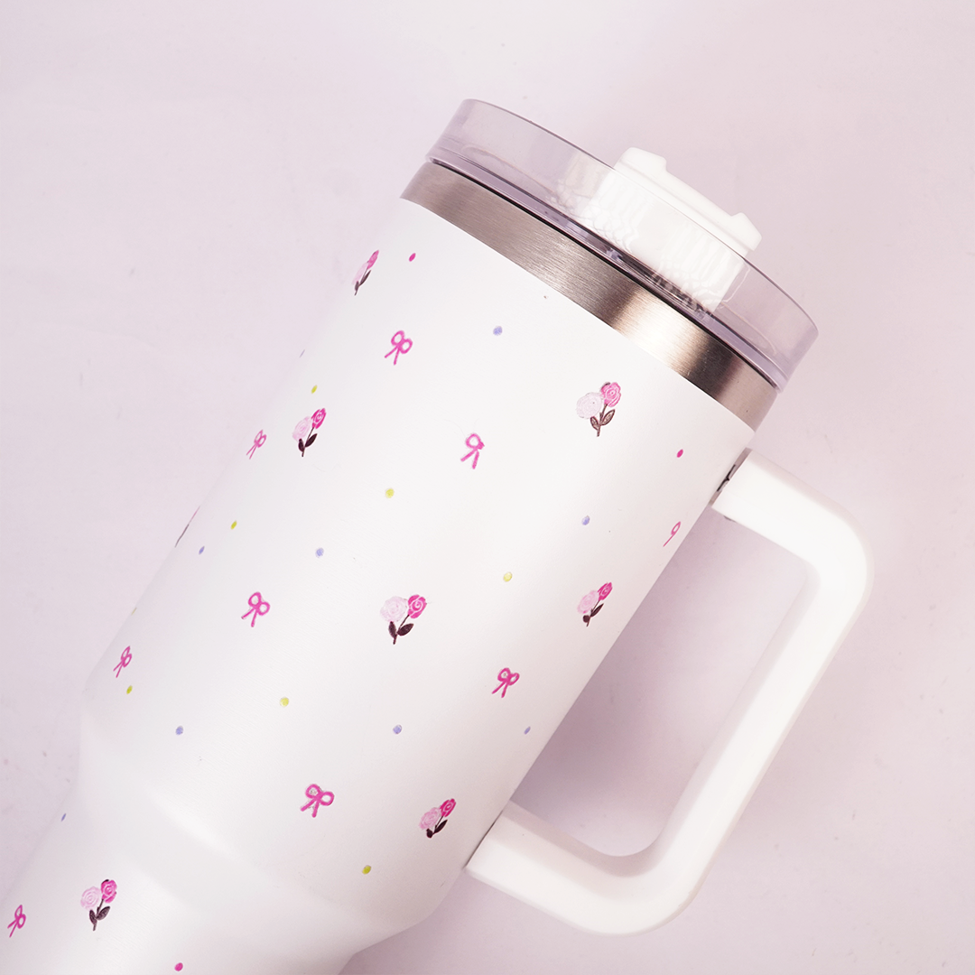 White Flower Tumbler with Handle & Straw – Cute Rose & Bow Design Reusable Travel Cup