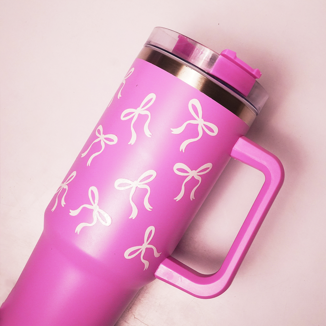 Bow Print Tumbler with Handle & Straw | Reusable Travel Water Cup | Stylish Drinkware