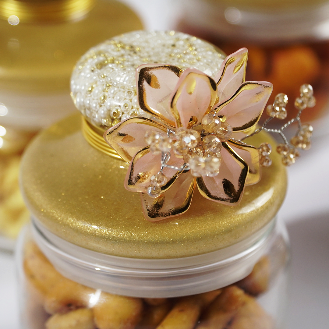 Set-4 Luxury Decorative Storage Jars Set with Pearl & Floral Lid
