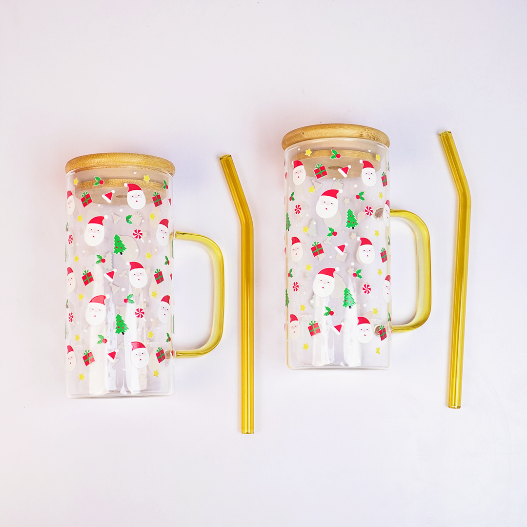 Christmas Santa Glass Tumbler with Handle & Bamboo Lid – Set of 2 | Festive Holiday Design with Straw