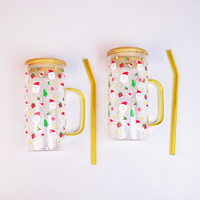 Christmas Santa Glass Tumbler with Handle & Bamboo Lid – Set of 2 | Festive Holiday Design with Straw