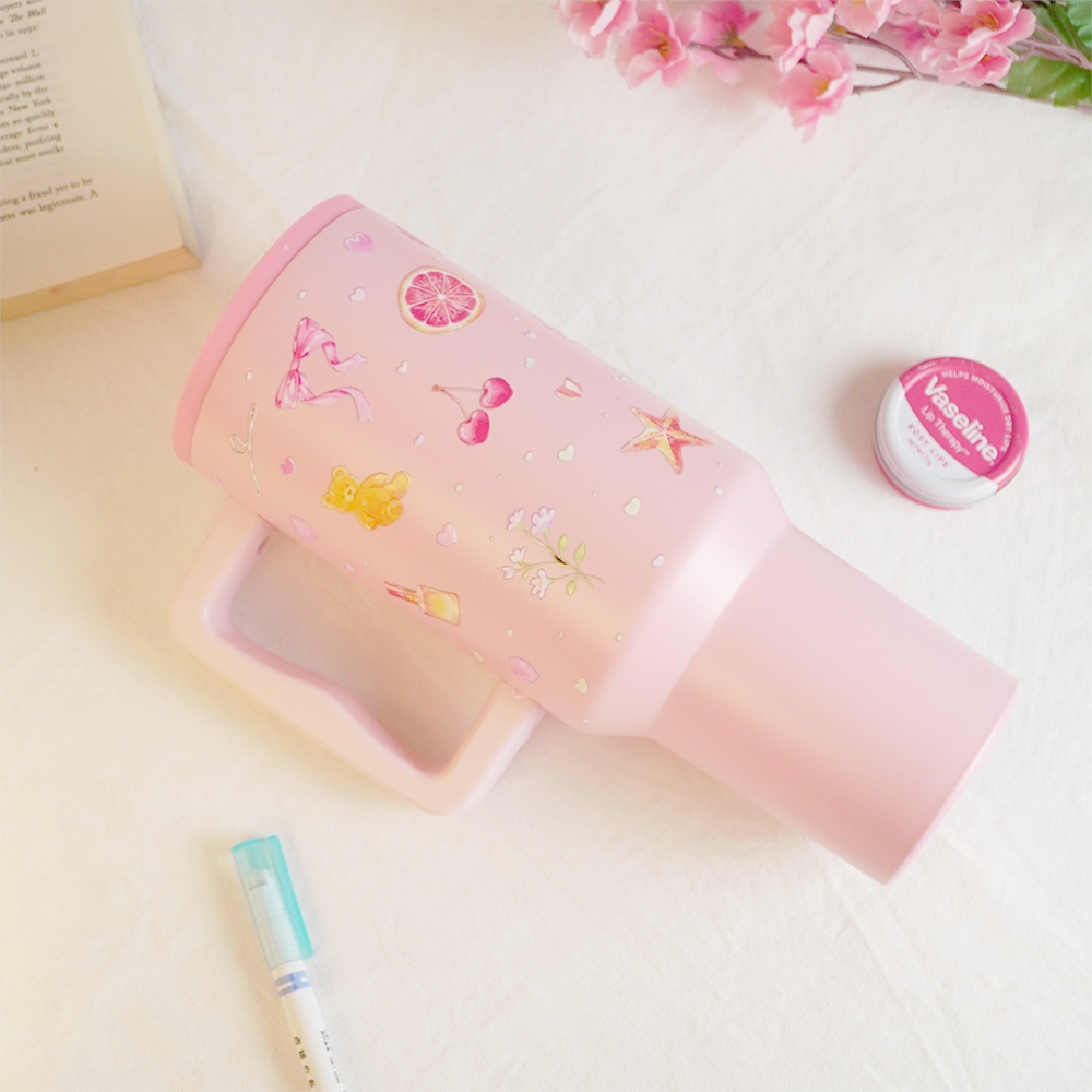 Blush Pop Aesthetic Tumbler with Handle, Straw & Spill-Proof Lid