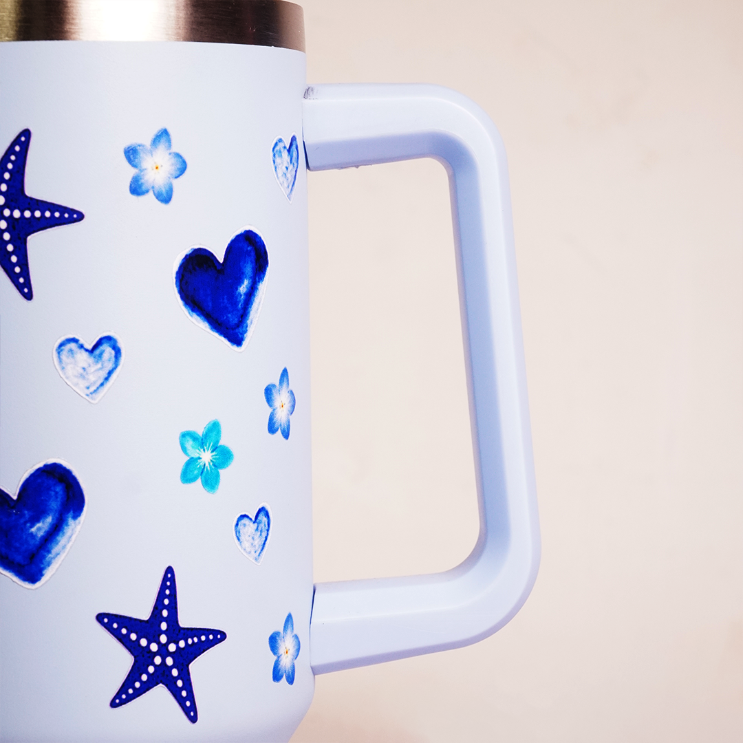 Starfish Print Tumbler with Handle & Straw | Reusable Travel Water Cup | Stylish Drinkware