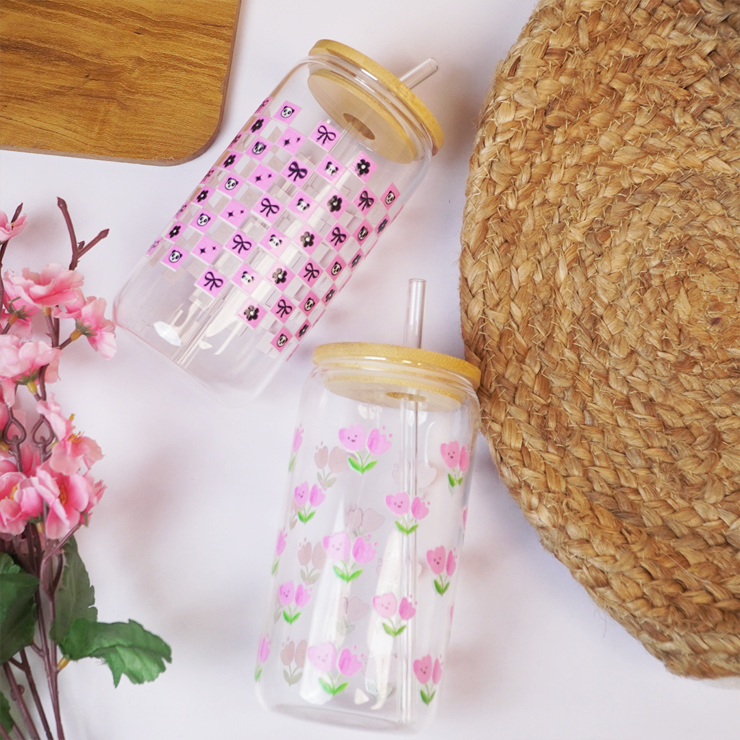 Set-2 Glass Tumbler with Bamboo Lid & Straw